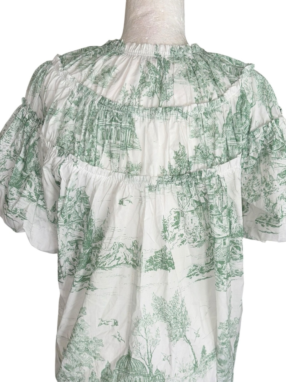 LN Umgee Green White Toile Print Puff Sleeve Poplin Blouse in Sea Green - S - Picture 8 of 13